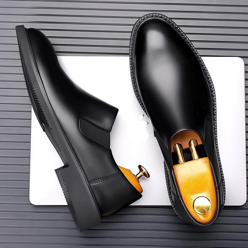 Autumn new men's shoes round head short boots wedge heel comfortable heightening driving shoes one pedal business leather shoes