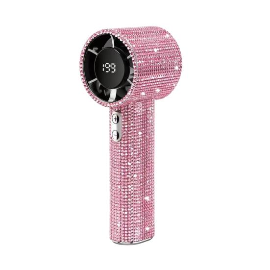 Rhinestone Handheld Fan with Digital Display, Turbo High Speed Portable Mini Fan, Quiet Operation Cooling Fan for Outdoor Travel розовый