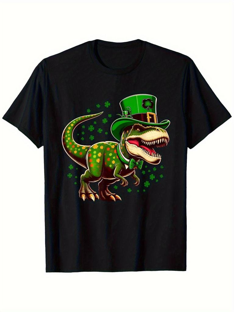 St Patrick Day T Rex Graphic Tee Men Casual Cotton T-Shirt with Clover Hat Print Daily Wear