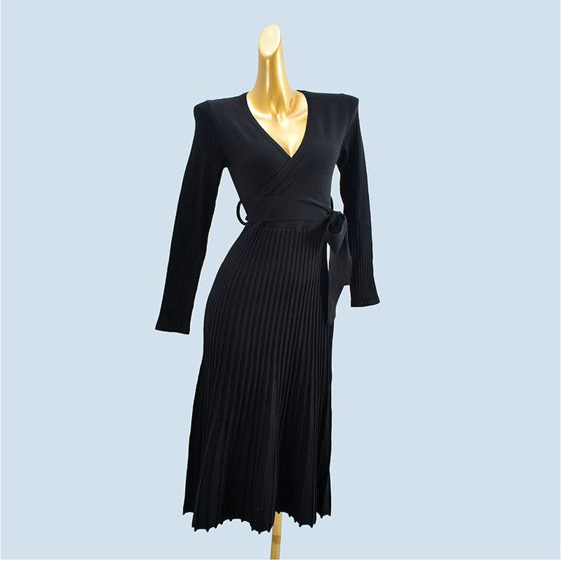 

Factory Quality Knitting Dress Fall and Winter Waist-Tight Slimming Sense of Design Fashion Elegance Western Style Sexy Pleated Skirt Black S