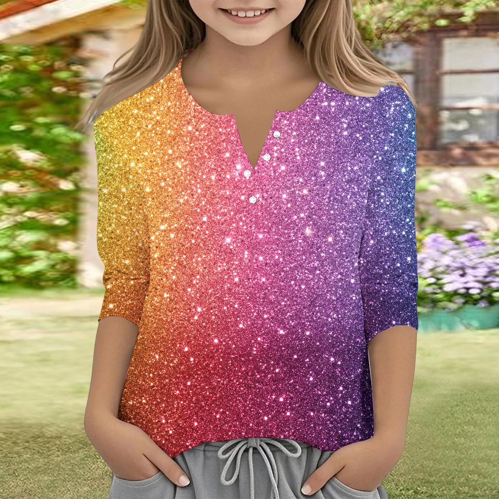 Print Tops For Youth Girls V Neck Button 3/4 Sleeves T-Shirts Trendy Tops Outfit Tees