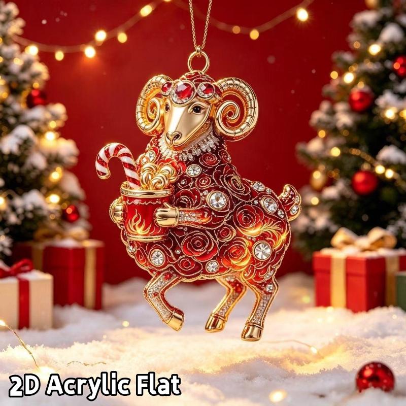 2D Flat Acrylic Red Gold Chinese Zodiac Goat Christmas Hanging Pendant Xmas Tree Ornament New Year Car Pendant