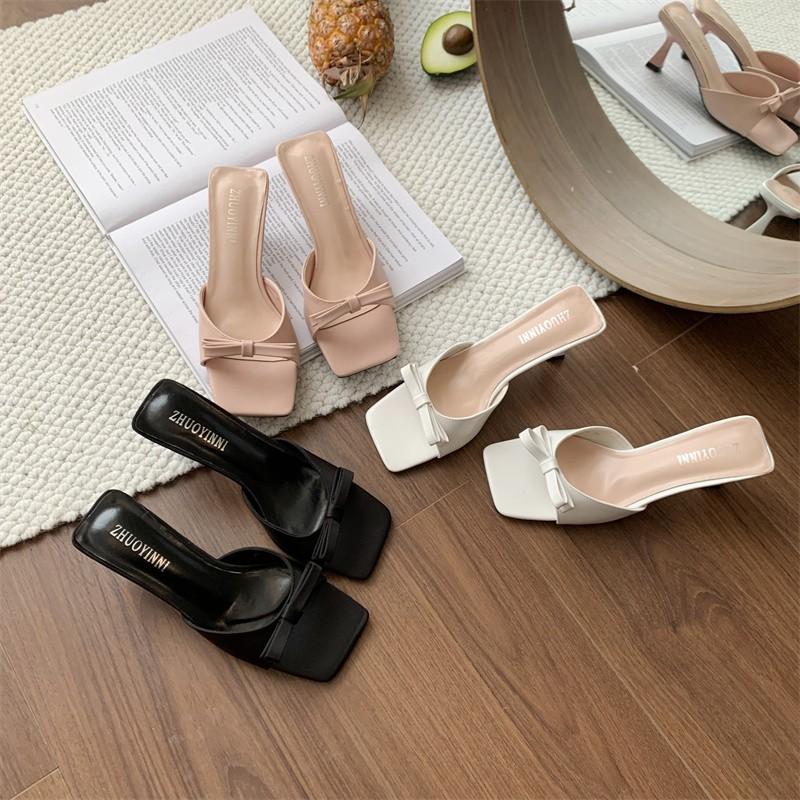 Designer Women Heeled Mules Sandals Soft Leather High Heels Summer Shoes for Women Slippers Vintage Open Toe Slides