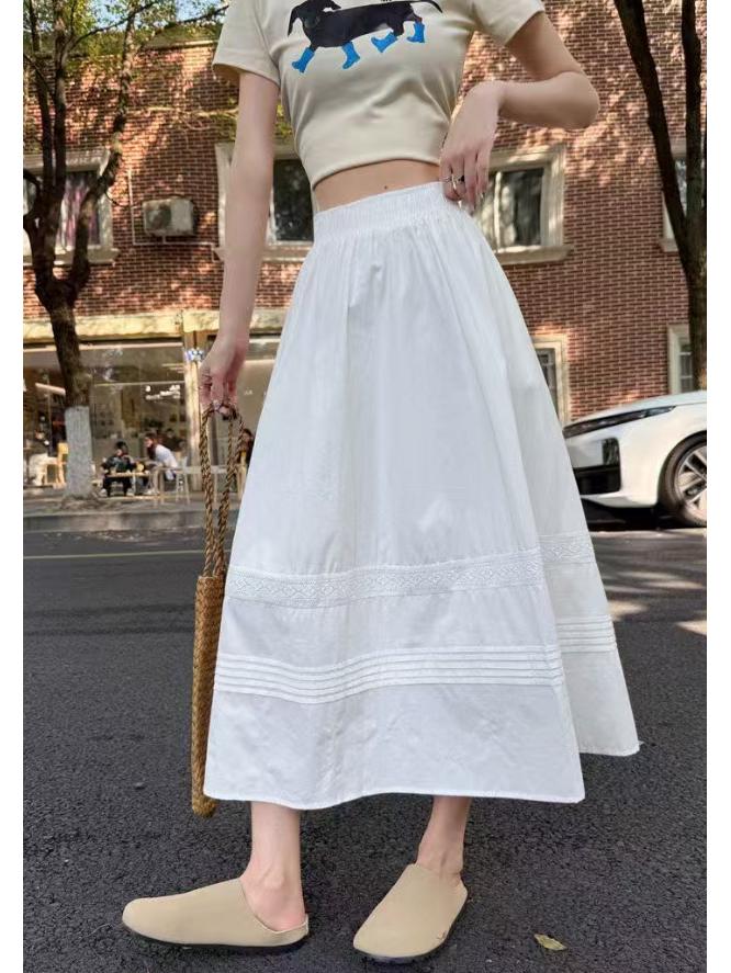 Women s Lace Patchwork A-line Skirt - High Waist, Slimming Korean Style, Mid-Length for Spring/Summer One Size белый