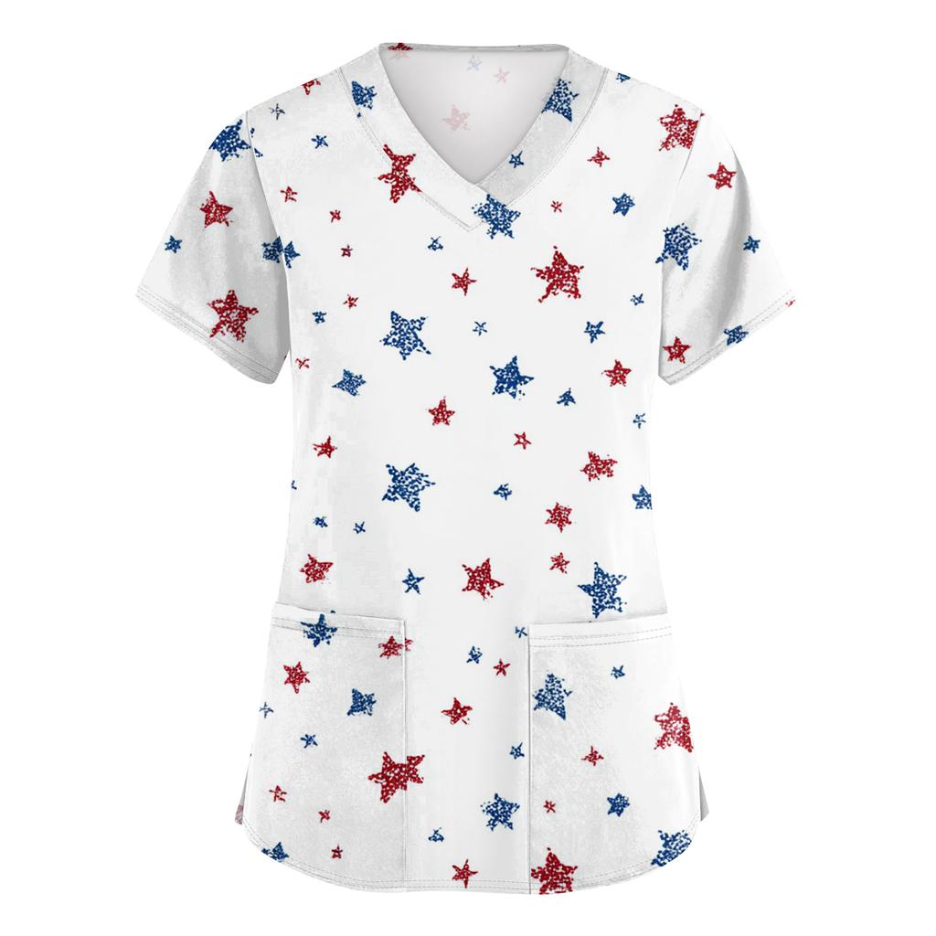 Women's Fashionable V-Neck Short-Sleeved Work Top With Pockets And Independence Day Print  Uniform