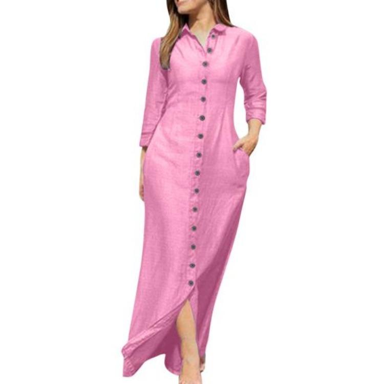 Spring Summer Women Dress Pure Color V Neck Loose Long Sleeves Lapel Split Hem Casual Ankle Length Soft Breathable Side Pockets Single-breasted