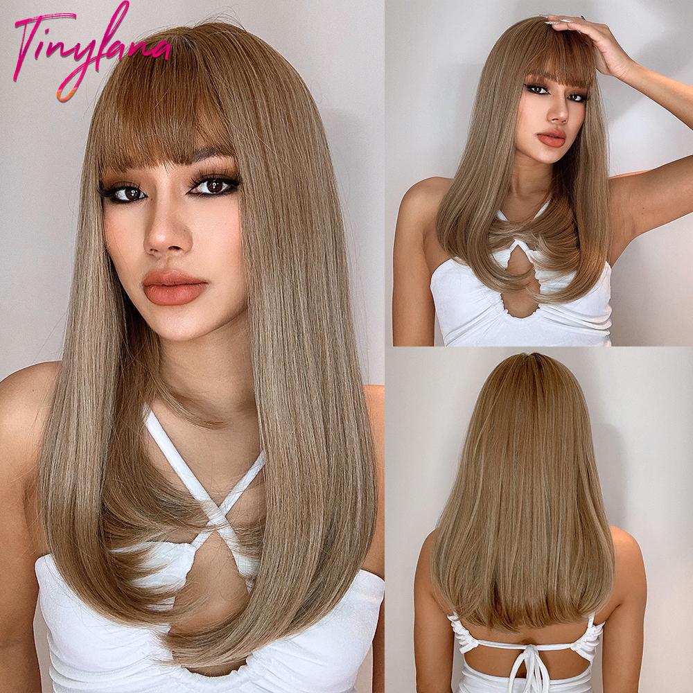 Long Straight Synthetic Wig with Bangs Dark Black Gray Hair Wigs for Women Cosplay Natural Hair Heat Resistant Layered Wigs