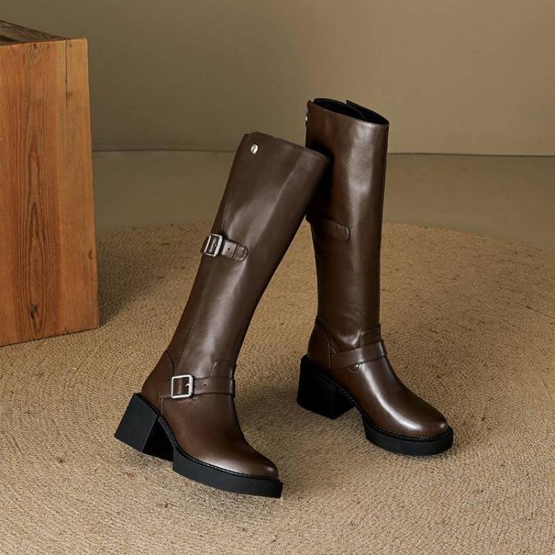 Herbst- und Winter Damen Leder Ritterstiefel einfarbig Reißverschluss hinten hoher Absatz große Größe Damenstiefel vielseitig quadratischer Absatz Rindsleder hohe Stiefel