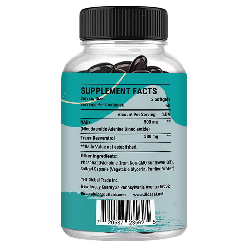NAD+ 500 mg Nahrungsergänzungsmittel, Mit Trans-Resveratrol, 120 Weichkapseln pro Flasche