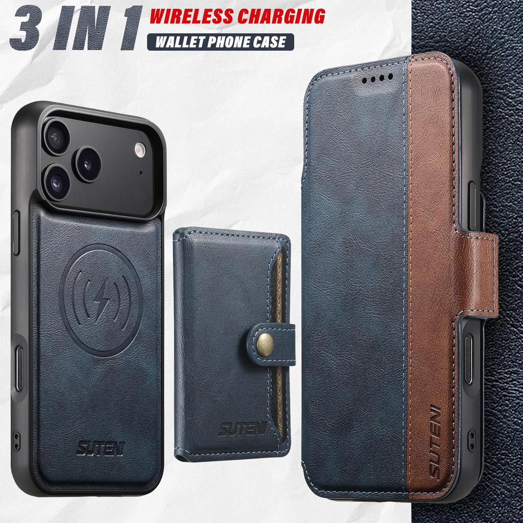 Magnetické kožené flipové pouzdro pro iPhone 17 Pro Max se slotem na karty a bezdrátovým nabíjecím stojánkem 3 v 1
