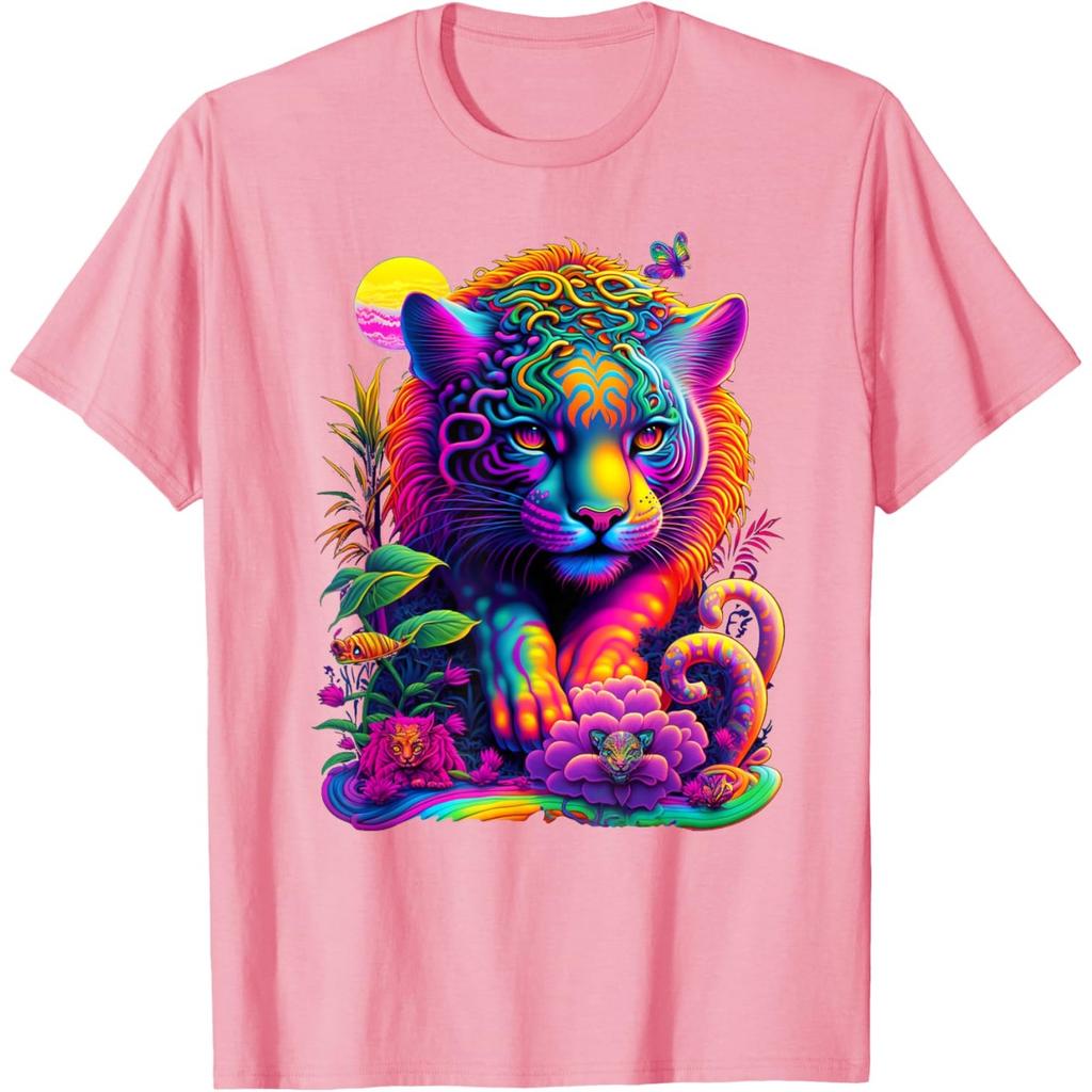 Vibrant Neon Jungle Cat Graphic Tshirt Men Summer Casual Breathable Crewneck Tee