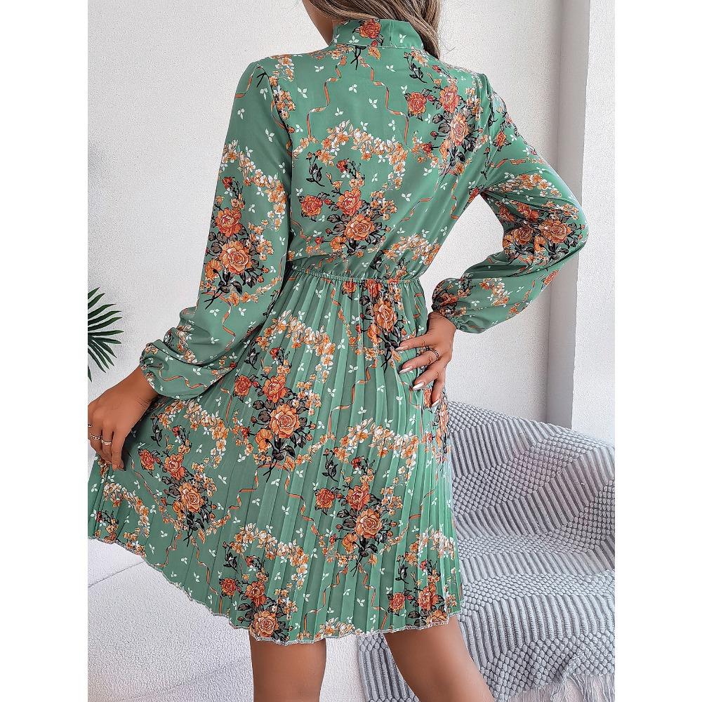 New Elegant Floral Tie Waist Long Sleeve Pleated Skirt Women's Fashion Dresses
