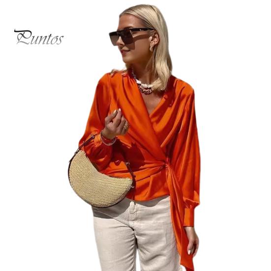 

Женская рубашка с V-образным вырезом, шнуровкой сбоку, фонарь, длинный рукав, пуловер, топы, однотонная рабочая повседневная блузка, повседневная одежда S оранжевый