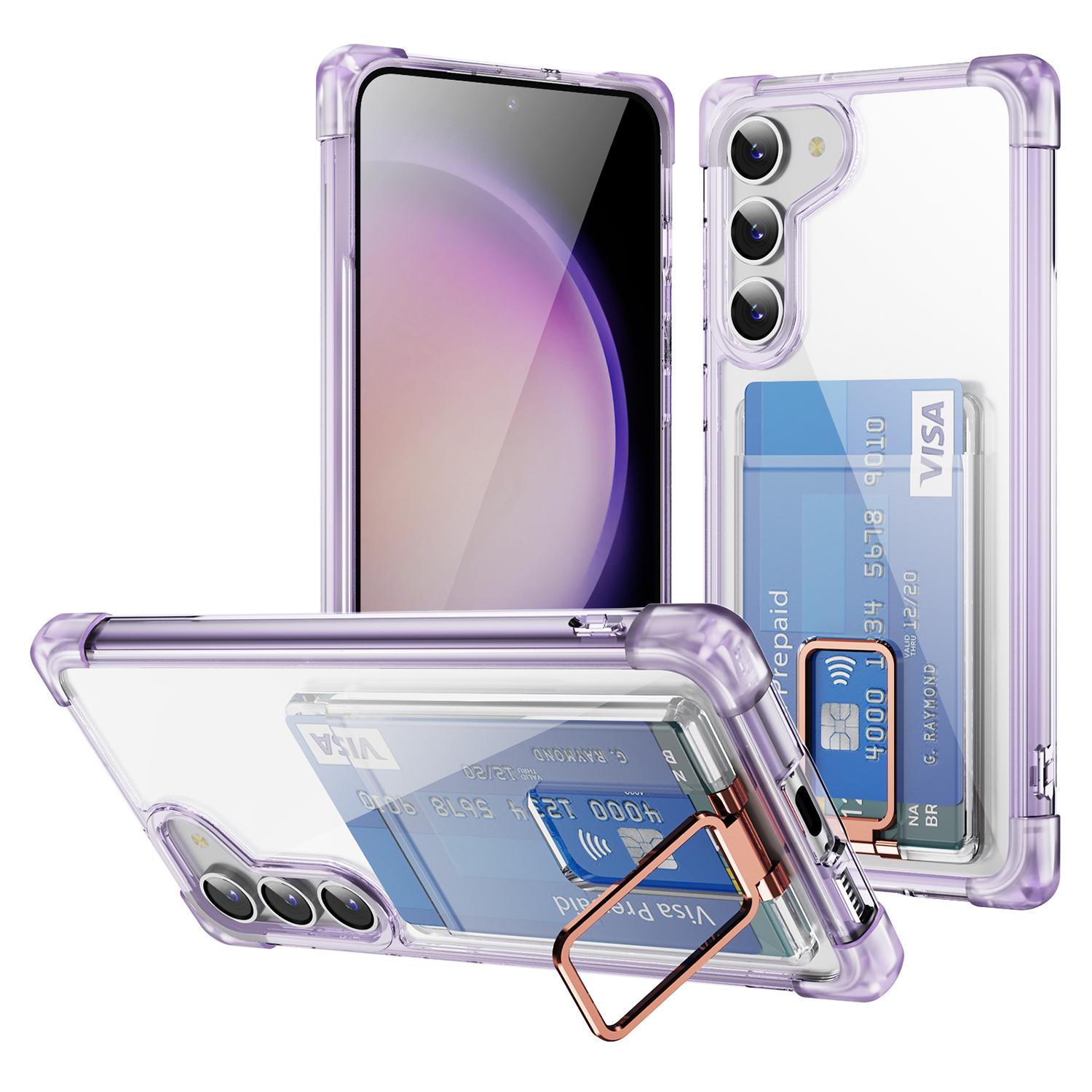 

Для Samsung Galaxy S23+ Чехол Усиленные углы ТПУ+Акриловая крышка для телефона с подставкой Держатель для карт Transparent Purple