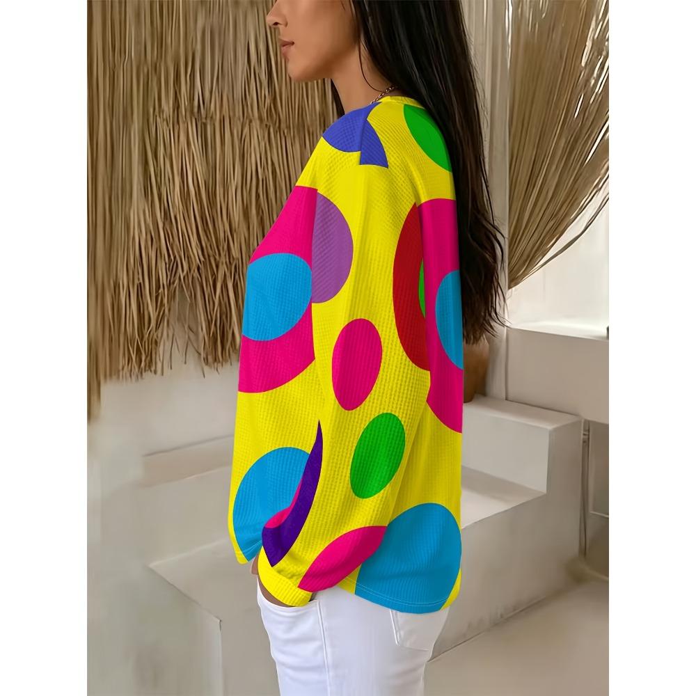 Waffle- Sweatshirt Featuring a Vibrant Large Design with a Three-button Round Neckline and Long Sleeves Top