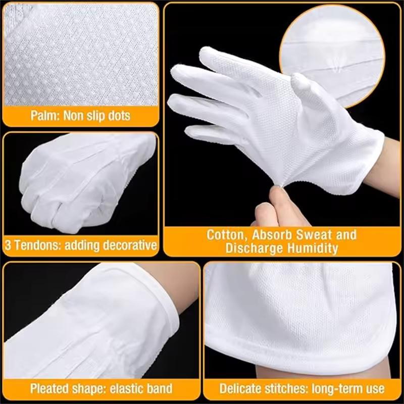 2/6Pairs White Work Gloves for Men Women Non Slip Grip Dots Cotton Gloves for Costume Guard Tuxedo Formal Jewelry Inspection