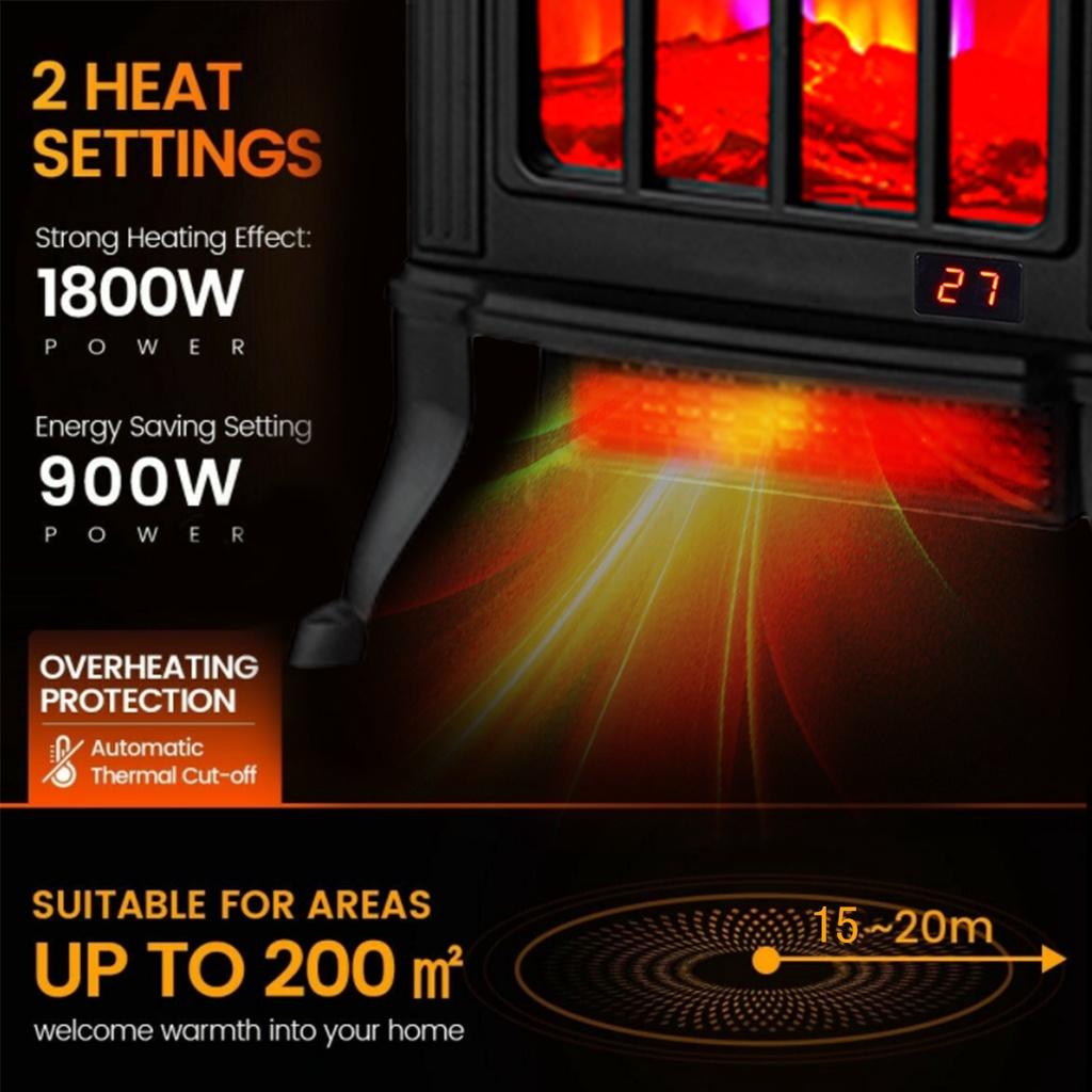 70W/750W/1500W Elektrický krbový ohřívač ventilátor kamna polena plamenový efekt římsa časovač PTC keramický ohřívač
