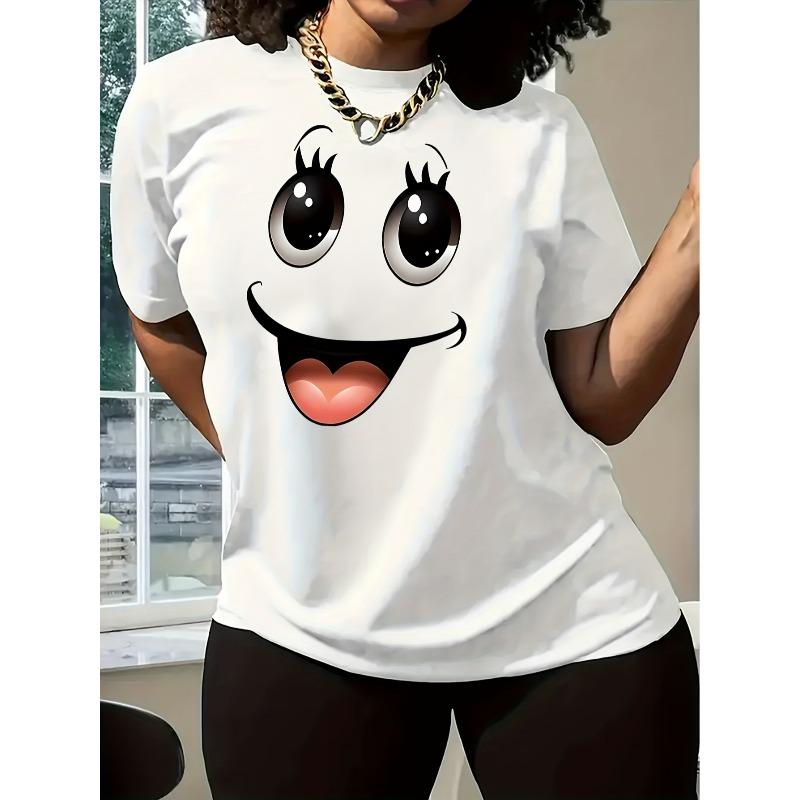 

European Size Women S Cute Face Print T-Shirt with Expressive Eyes & Smile - Soft Stretch Round Neck Short Sleeve Top, All-Season Casual Casual Attire 4XL