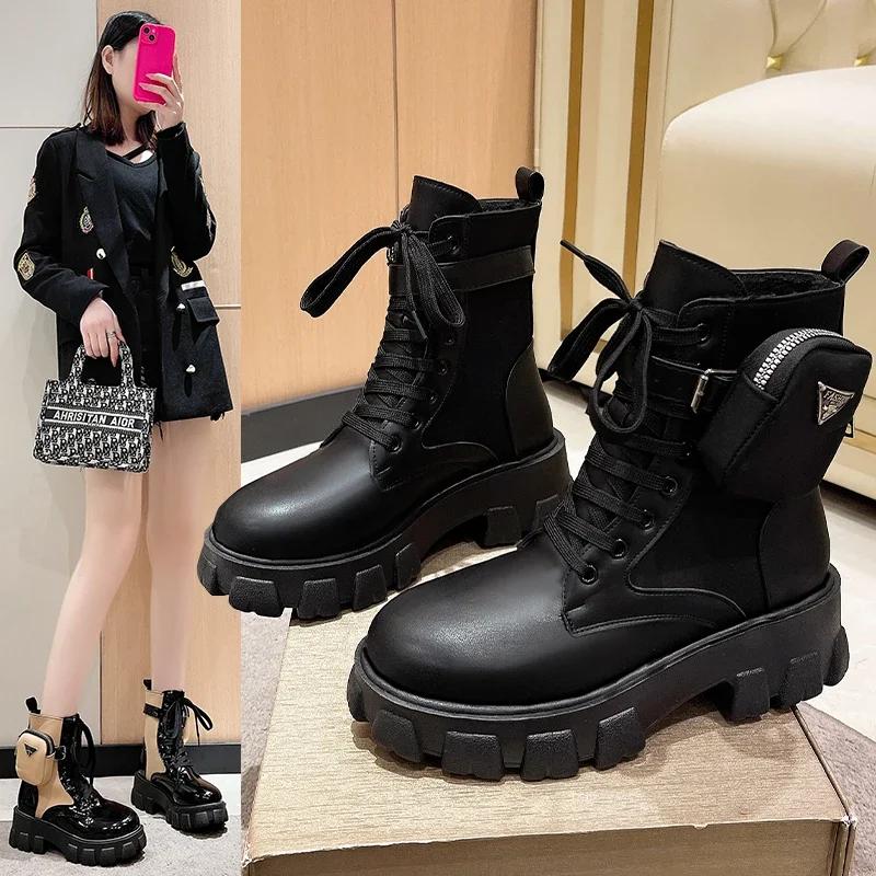 

Mid-Calf Square Heel Rubber Shoes for Women Hot Sale Winter Solid Low Heel Ladies Shoes Lace-up Round Toe Boots Botas Mujer