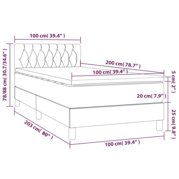 3140274 vidaXL Lit à sommier tapissier avec matelas Gris foncé 100x200cm Tissu