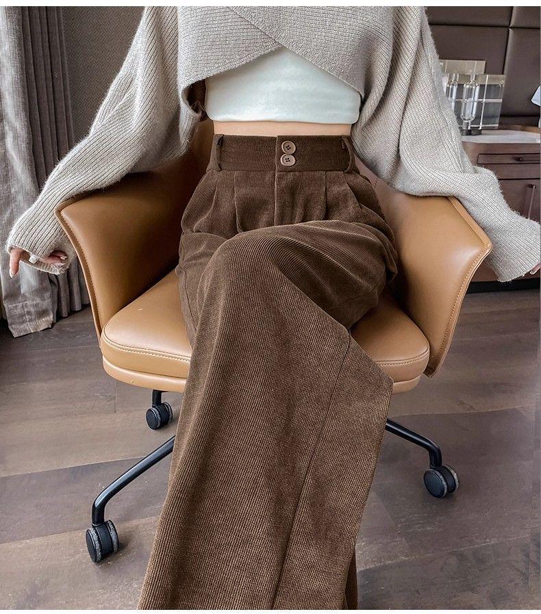 Women's Dark Grey Wide-Leg Cotton Velvet Pants - Korean Style, Autumn/Winter 2026.