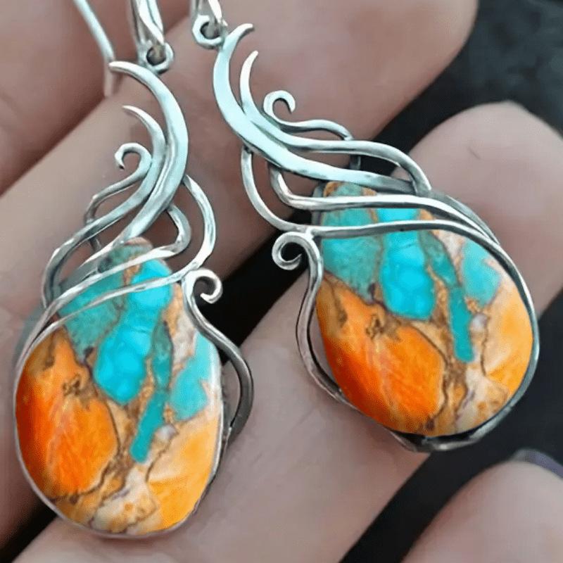 Bohemian Ladies Turquoise Pattern Earrings Hollow Drop-shaped Earrings Couple Jewelry