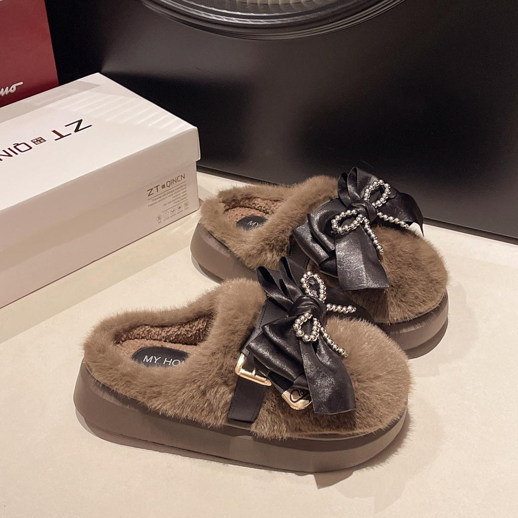 Schleife 2025 Herbst und Winter neue Damen Winter Indoor Zuhause weiche Sohle rutschfest warm Plüsch dicke Sohle Baumwollpantoffeln