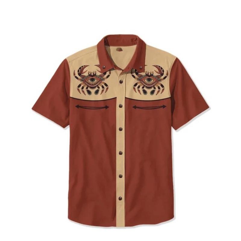 

Men Short Sleeve Color Block Western Shirt With Crab Print Casual Button Down Top S