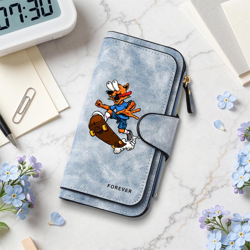 Skate Fox Print Long Wallet Trendy Daily Card Holder Casual Portable Purse
