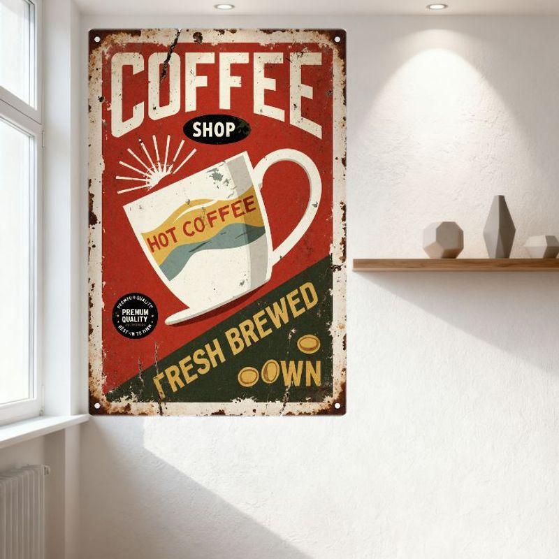 Vintage Coffee Shop Metal Tin Sign, Red Background with Coffee Cup & Sunburst, 'COFFEE SHOP' Text, Premium Quality Badge, Distre