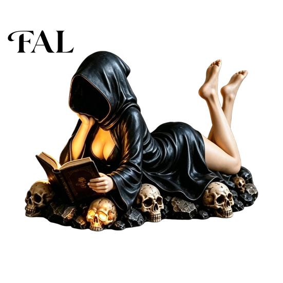 Decorative Resin Skull Statue Gothic Reader Statue, Hooded Skeleton Figurine, Sitting Book Dark Academia Room Accents for Bookshelf, Desk Decor