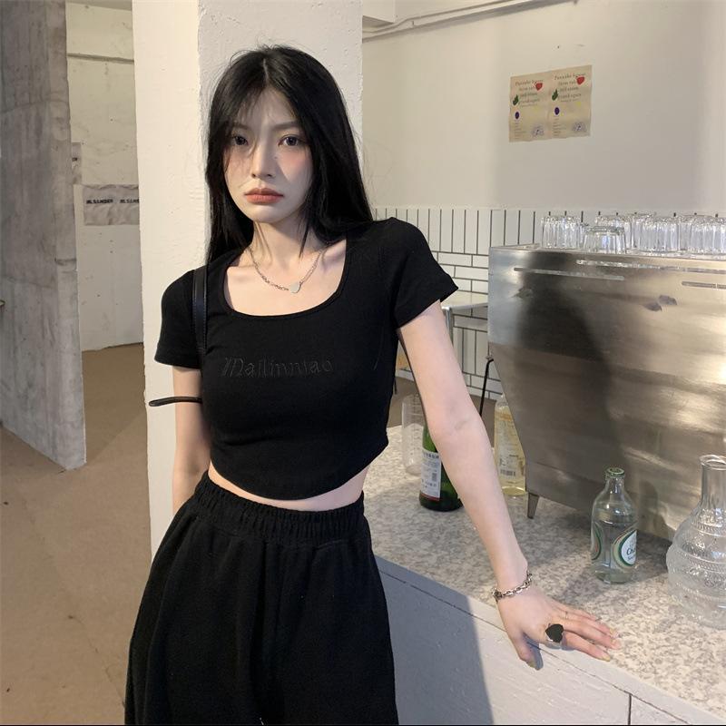 Square Collar Summer Short Sleeve Slim Fit Sexy Women Letter Printed Crop Top T Shirt