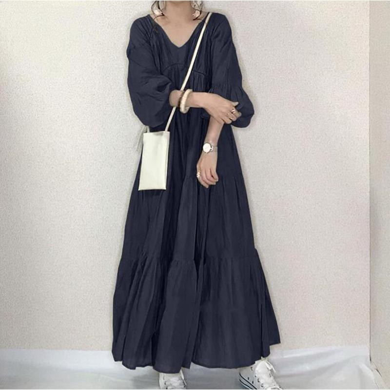 Damesmode zomer lente effen kleur print lange mouw V-hals hoge taille casual jurken