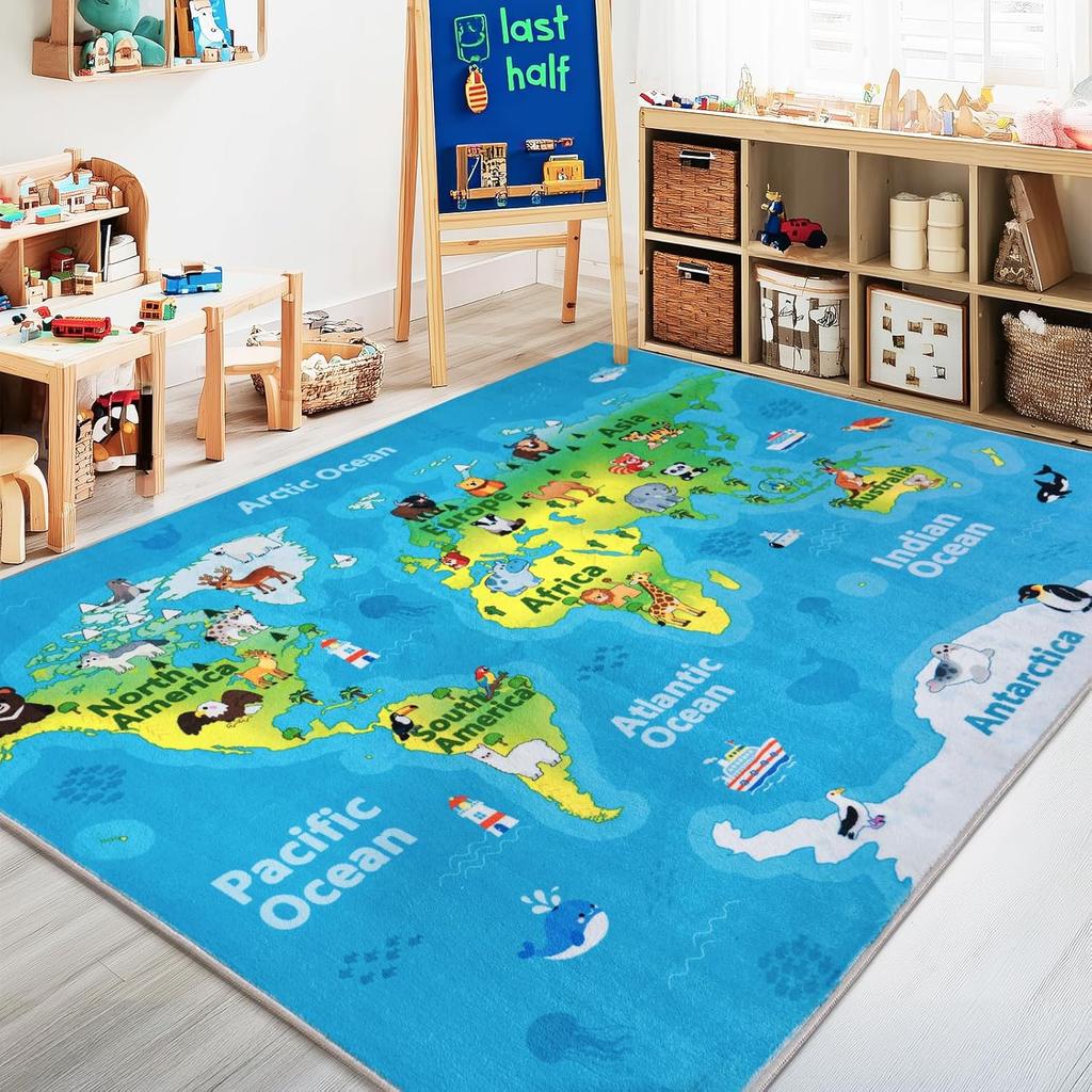 Tappeto Gioco Mappa del Mondo Educativa per Bambini Mappa con Animali dei Cartoni Animati e Vita Marina Tappetino Antiscivolo per Sala Giochi