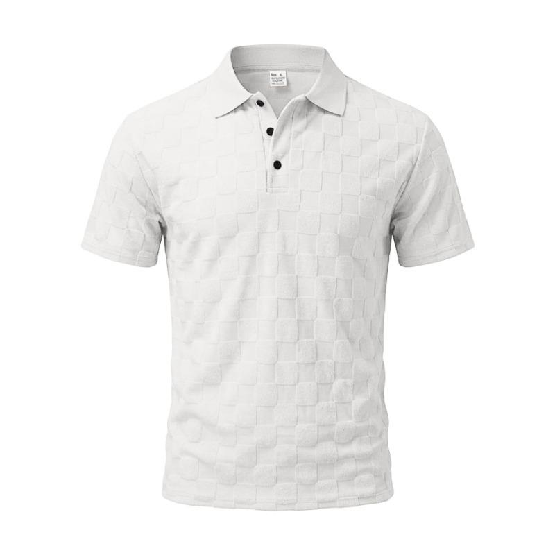 Mens Casual Check Jacquard Short Sleeve Collared Polo Shirt Breathable Loose Summer T-Shirt