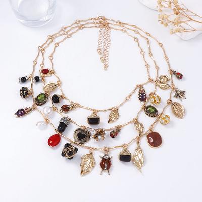 European, American and Medieval Multi-layer Stacking Design Sense Retro Pendant Insect Leaf Love Geometry Necklace