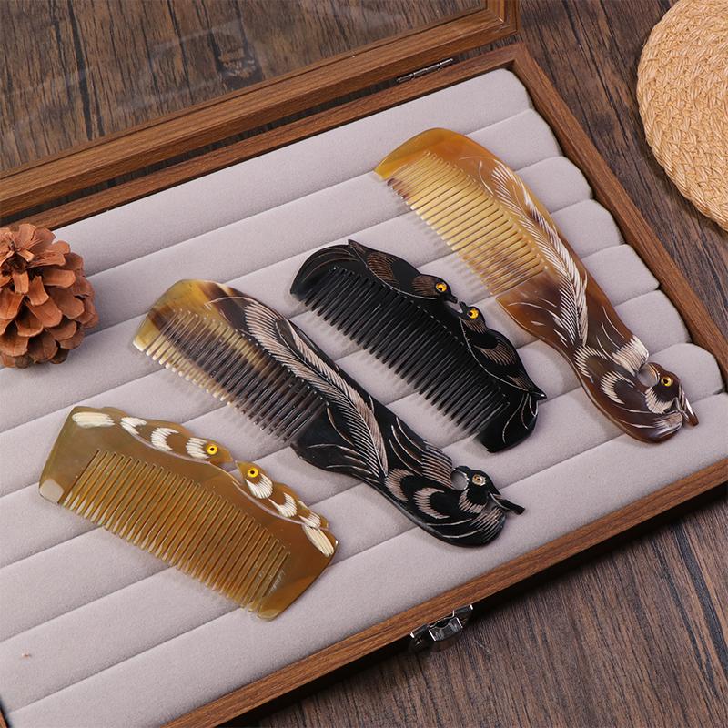 Natural Ox Horn Comb Anti Static Buffalo Combs Mandarin Duck Phoenix Carving Professional Detangling Massage Fine Tooth Comb