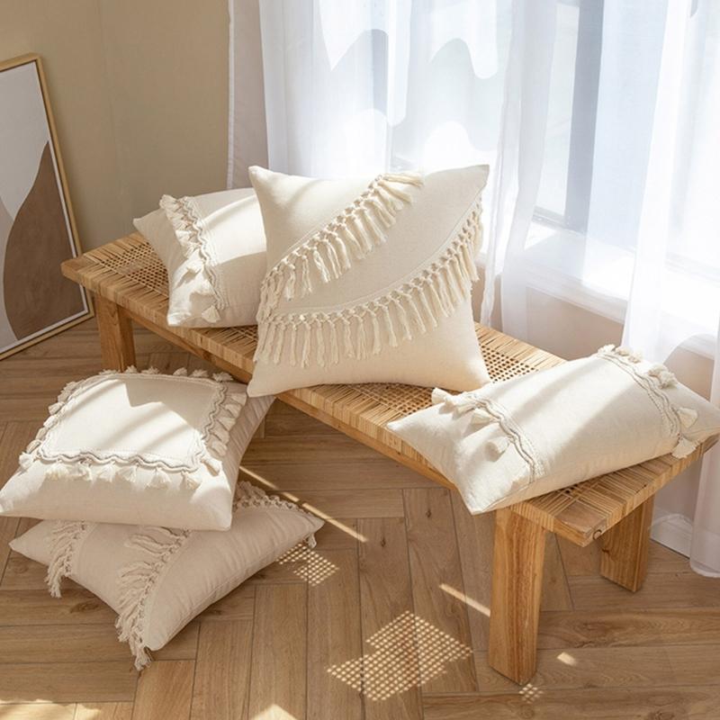 Soft Cotton-ramie Pillow Covers, European Style With Tassels Cushion Cover Shell for Sofa Bedroom Cream Beige Stylish