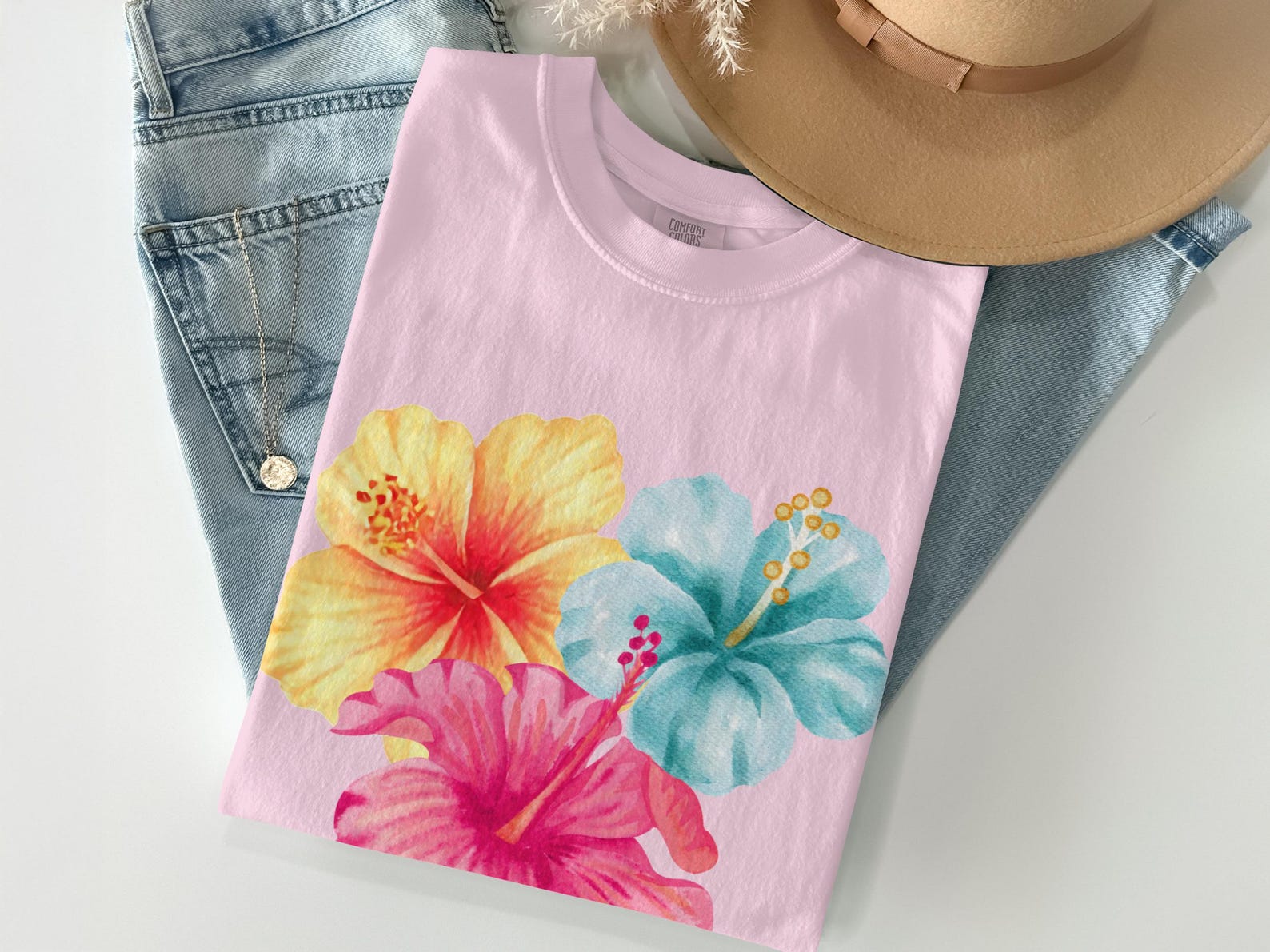 Aloha T-Shirt with Watercolor Hibiscus Flowers, Hawaiian Floral Tee, Tropical Vacation Beach Top XL