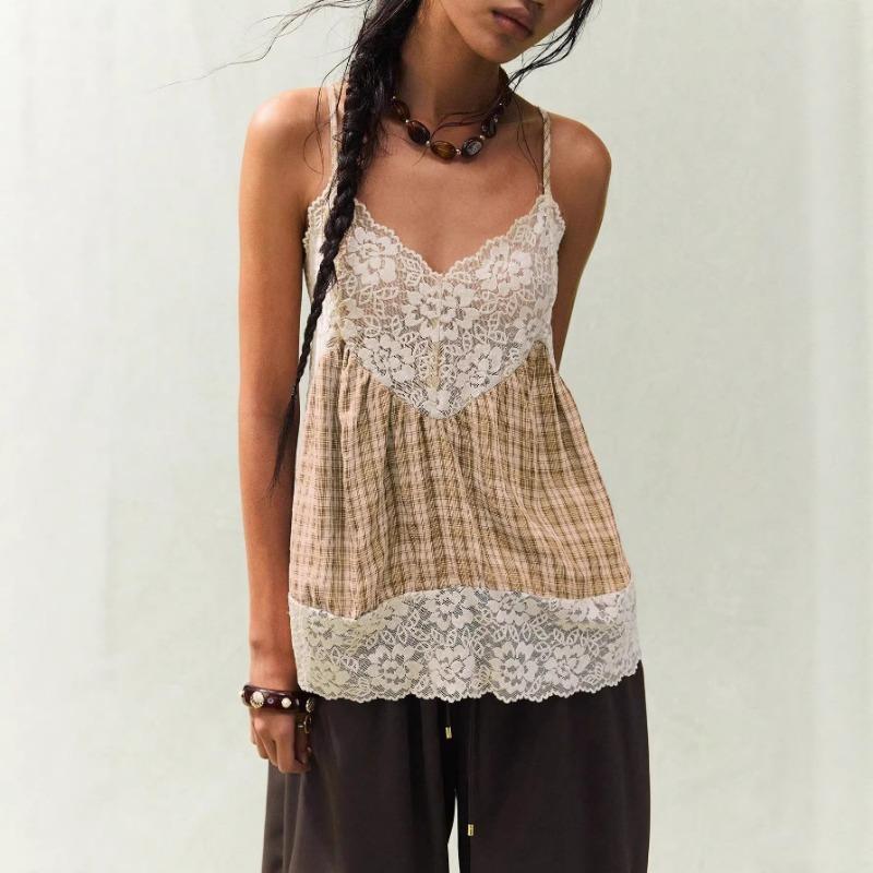 Womens Lace Plaid Patchwork Cami Top V Neck Spaghetti Strap Casual Sleeveless Blouse