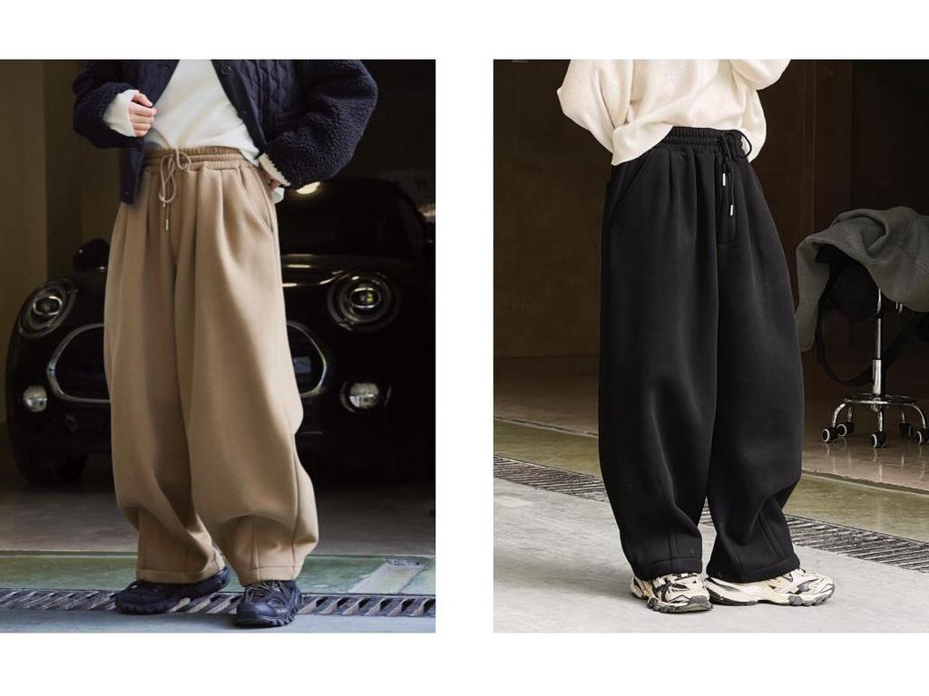 Dámské zimní ležérní volné tepláky korejského stylu s elastickým pasem, dekonstruovaným designem a sametovou podšívkou