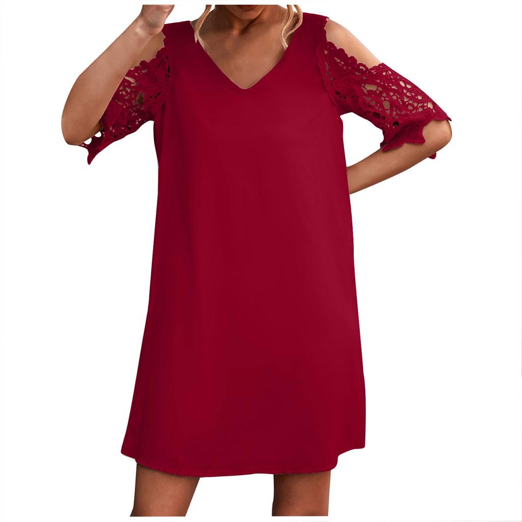 Fashion Women Solid Color V-Neck Off-Shoulder Dress Casual Loose Piece Dress