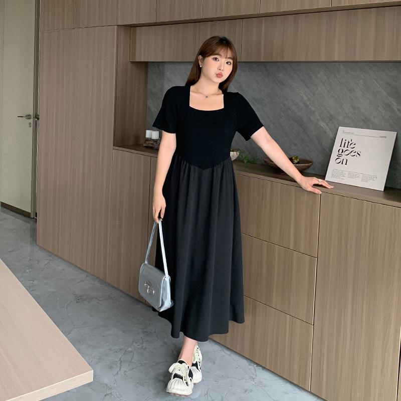 Chic Square Neck High Waist Plus Size Dress - 2025 Korean Summer Style, Tea Dress