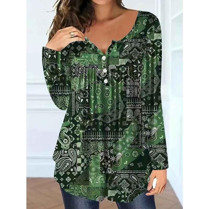 Women S Plus Size V Neck Long Sleeve Paisley Pattern Loose Fit T Shirt