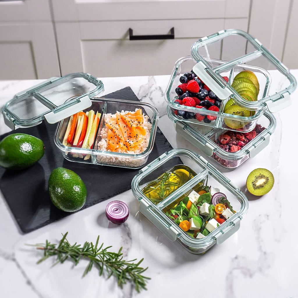 KADAX glass food container with 2 compartments and lid, 1 litre, 4 pieces