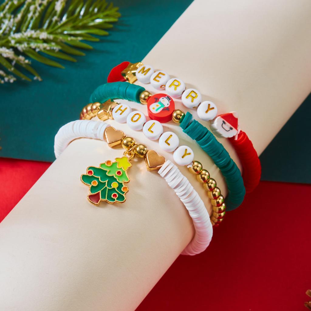 4Pcs/Set Christmas Tree Santa Claus Bracelet For Women Xmas Deer Snowflake Pearl Polymer Clay Beads Bracelets New Year Jewelry