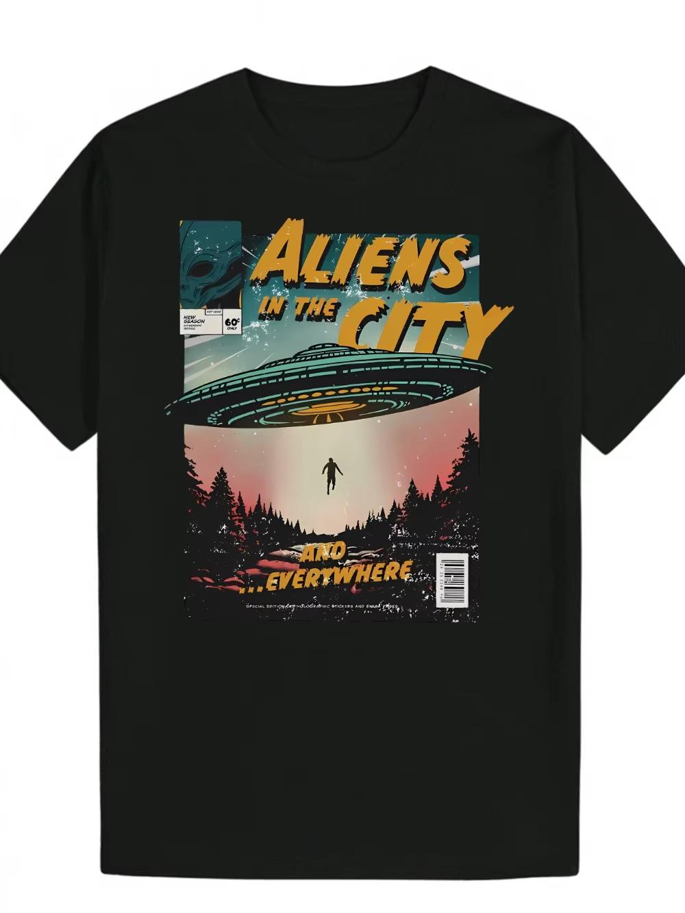 

Ретро футболка 1950-х годов с комиксным принтом, featuring a black casual round neck design with a flying saucer Perfect for Sci-Fi Enthusiast... S разноцветный