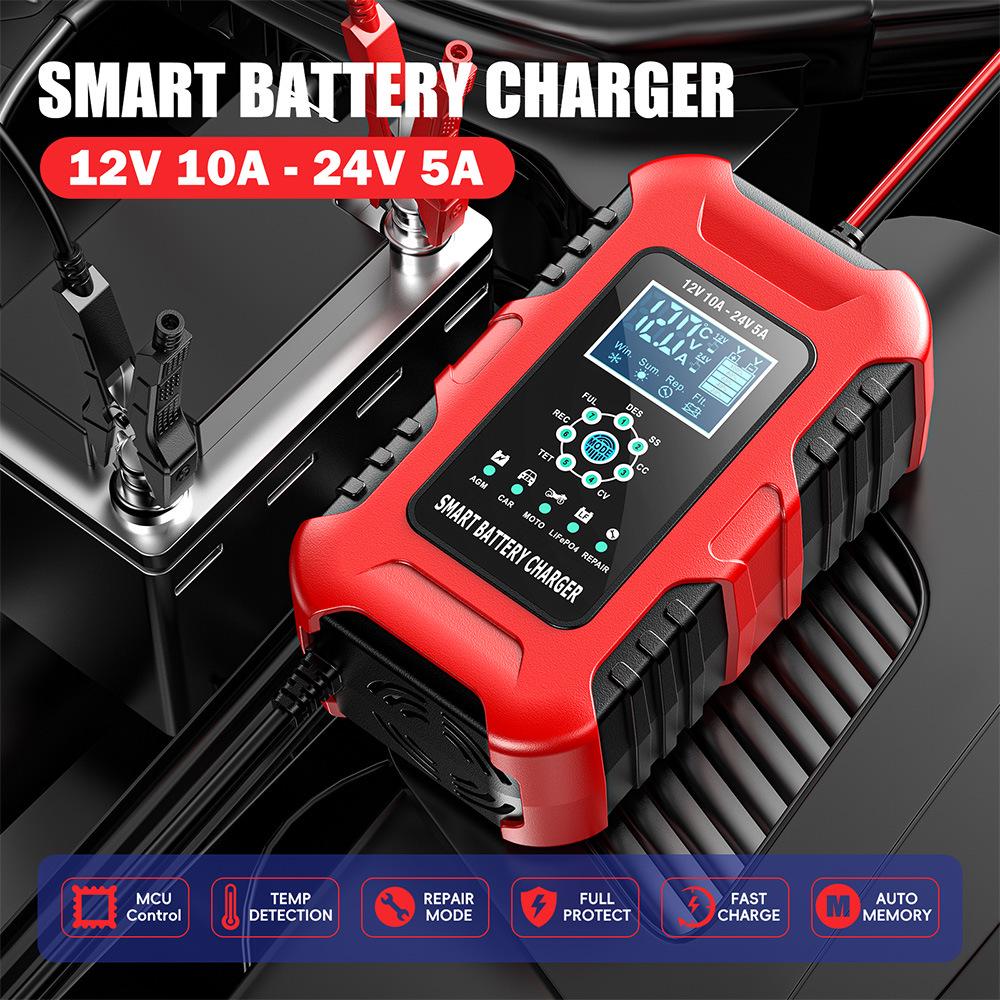 12V/24V 10A Multifunction Smart Charger for Motorcycle, Car & Van Repair