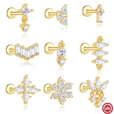 S925 Horse Eye Zircon Fringed Flat Head Cartilage Spiral Puncture Women'S Simple And Versatile Basic Stud Earrings And Ear Jewelry