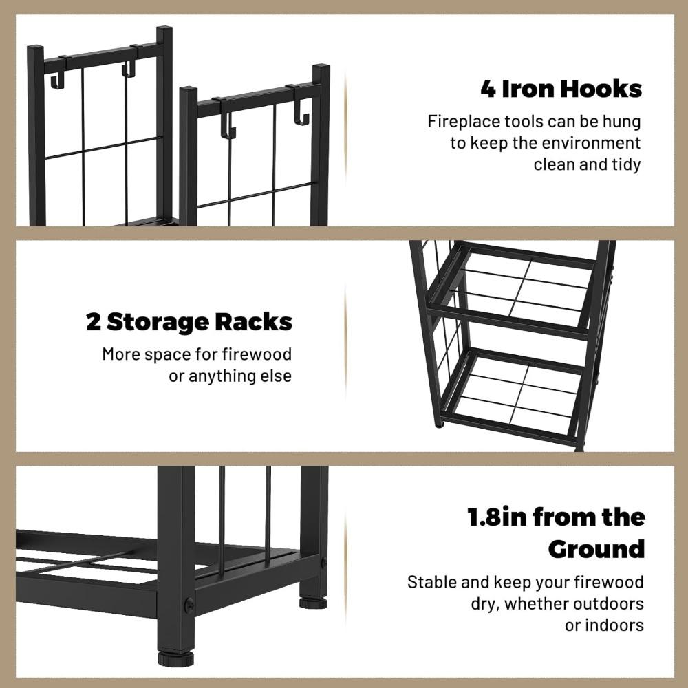 2-Tier Firewood Holder with 4 Hooks Heavy Duty Indoor Outdoor Rack for Fireplace, Fire Pits,Stoves Black Wood Storage Organizer